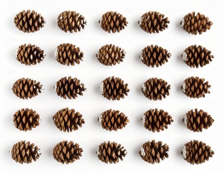 Neat Array of Brown Pinecones with White Tipped Scales on White Background