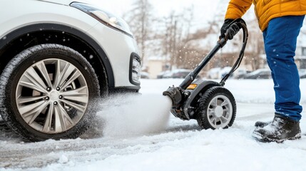 A man operates a snow blower to remove deep snow from cars and a parking area following a severe winter storm in the city
