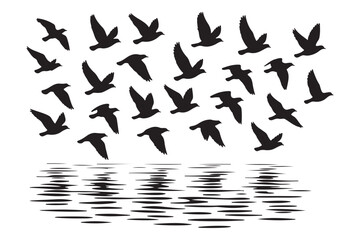 Black vector silhouettes of flying birds and people form a design set collection against the sky