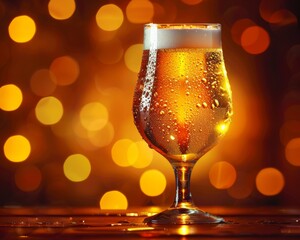 Refreshing chilled beer in a glass with condensation on a wooden table against a warm orange glow