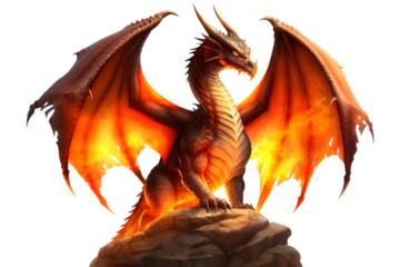 Fiery dragon perched on rocky outcrop isolated on a transparent background mythical creature