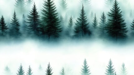 A dense forest enveloped in mist reveals tall trees and lush green foliage, creating a tranquil, mysterious environment at dawn SEAMLESS PATTERN
