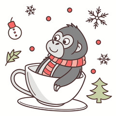 Excited expression on a Gorilla in a Winter theme, with in a teacup – Winter Wonderland vector art