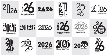 Fototapeta premium 2026 new year set logo collection, 2026 new year logo, 2026 vector logo, calendar year, happy new year, 2026 poster and flyer calendar year 2026 year symbols, black and white labels