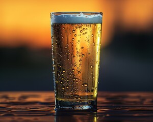 Refreshing chilled beer in a glass with condensation on wooden table and glowing orange backdrop