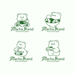 Calming matcha logo set featuring a cute bear character whisking and serving matcha tea. Green monoline illustration for Japanese tea branding and cafe identity.