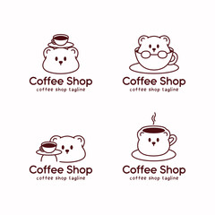 Adorable coffee logo set featuring a cute bear character sitting in cups and holding coffee trays. Brown monoline illustration for modern cafe branding and coffee identity.