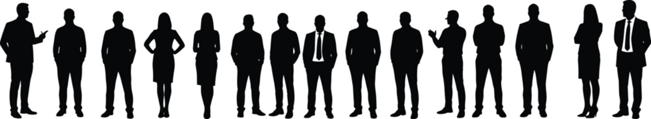 Business professional silhouette row, diverse corporate team standing, flat vector illustratiite formal attire design