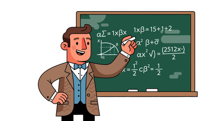 A Cheerful Professor Explaining Mathematical Equations On A Chalkboard With Clarity