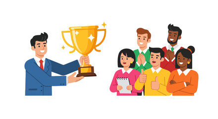 Achievement Celebration With Trophy and Team Appreciation Of Their Success