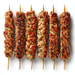 Gegrillte Fleischspieße auf Holzspießen, Draufsicht, isoliert auf weißem Hintergrund