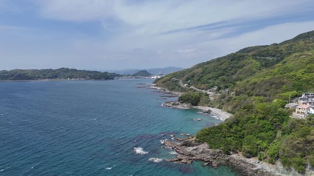長崎県長崎市、五島灘の風景を空撮しました。遠くに軍艦島が見えます。