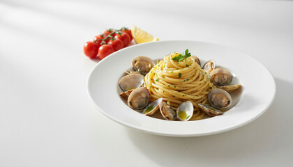 A plate of pasta with clams and tomatoes on top. The pasta is covered in Parmesan cheese and the tomatoes are sliced. The dish is served on a white plate