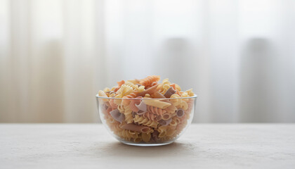A bowl of pasta with different colored pasta pieces. The bowl is on a table. The pasta is in a variety of shapes and sizes