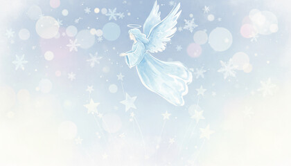 A white angel is flying over a snowy background. The angel is surrounded by stars, which give the image a dreamy, ethereal quality. Concept of peace and serenity