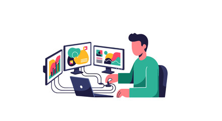 A Person Working With Multiple Screens Displaying Colorful Graphics, Black Background