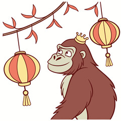 Vector illustration of a Silly Gorilla with with a tiny crown, styled in a Lunar New Year / Chinese New Year theme using Year of the Dragon (or relevant animal) colors