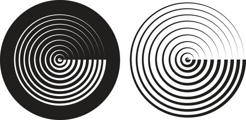 Black circular spiral abstract shape set, optical line art collection, geometric concentric circle group, hypnotic vortex round pattern, minimal flat vector design element bundle