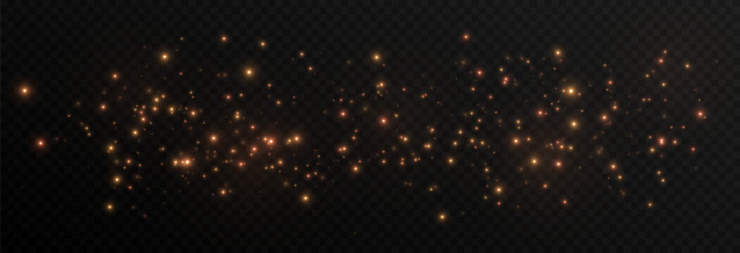 Golden glowing magic dust on a transparent background. Flying light particles PNG. Glowing dust PNG.