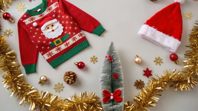 Cozy ugly sweater christmas party vibe scene with red knit pullover santa motif red hat gold tinsel snowflake decor pine cones ornaments mini tree