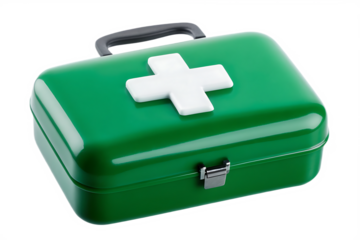Green first aid kit with white cross symbol isolated on a transparent background