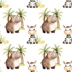 Children’s Tropical Seamless Pattern — Hippo, Zebra, Palm Trees on white background