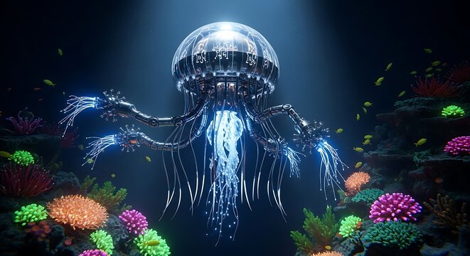 Futuristic Jellyfish - A Bioluminescent Robotic Creature in a Vibrant Coral Reef. - Powered by Adobe