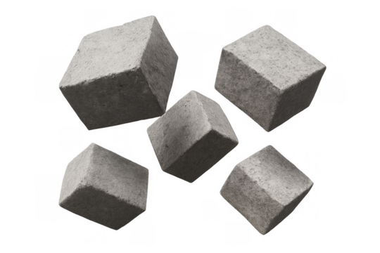 Levitating concrete blocks and stone cubes forming abstract geometric composition, floating against transparent background - Powered by Adobe