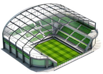 Green tiered seating stadium with striped grass field isolated on a transparent background 1