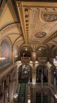Exploring the majestic Vienna State Opera Clips showcase the opulent, gold-trimmed grand staircase, the historic exterior fa&ccedil;ade, and luxurious velvet theater boxes.