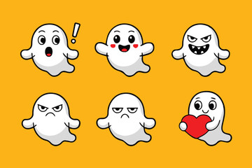 white ghost emoticon pack showing surprise happy angry sad bored love flat vector illustration for apps