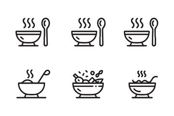steaming soup and salad bowl icon collection vector lineart for menu design restaurant ui