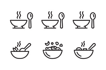 set of bowl food icons steaming soup salad ladle spoon minimalist vector illustrations