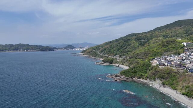 長崎県長崎市、五島灘の風景を空撮しました。遠くに軍艦島が見えます。
