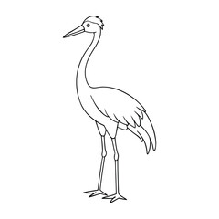 Obraz premium A graceful crane bird coloring page featuring the elegant long-necked bird standing in shallow water, perfect for kids to color and explore nature’s beauty and calmness. 