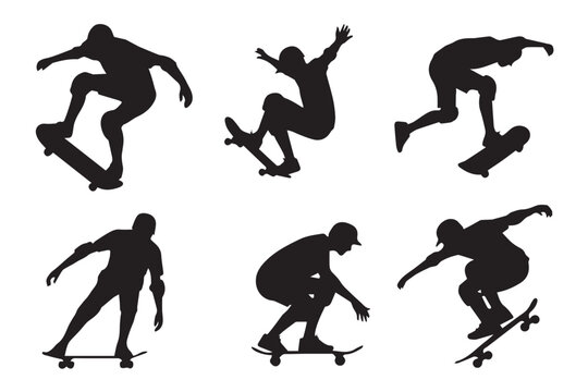 set of skateboarder silhouette icons dynamic skateboarding tricks aerial ollie kickflip poses