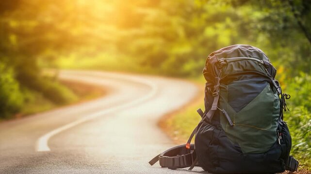 A backpack sits on the side of a road, possibly left behind by a traveler