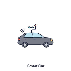 Fototapeta premium Smart car technology vector illustration, depicted as a minimalistic 2D flat icon showing an autonomous vehicle connected to digital driving systems on a pure white background.