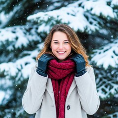 Canadian woman in winter snow. Cozy outdoor lifestyle portrait.