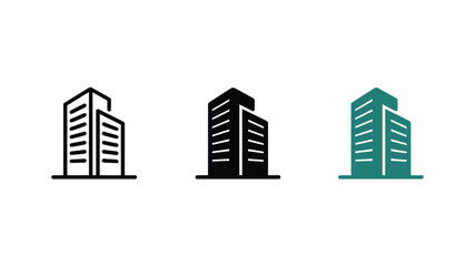 Fototapeta premium Three stylized icons depict modern office buildings in different graphic styles.