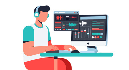 Fototapeta premium Audio Engineer Crafting Masterpieces With Digital Audio Workstation And Professional Headphones