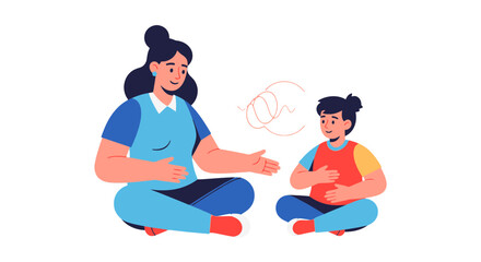 Breathing Exercise Illustration: Mother and Son Practice Breathwork Together in Quiet Meditation