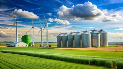 Serene Rural Landscape Featuring Wind Turbines and Grain Silos Under a Summer Sky