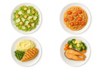 Healthy balanced menu selection with various dinner meal options on plates, top view offering a diverse diet