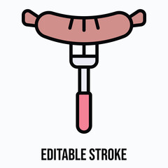 Grilled Sausage on Fork Icon — Isolated Lineal Color Style Vector Icon
