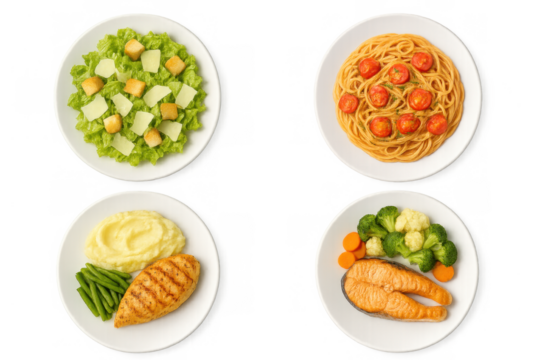 Healthy balanced menu selection with various dinner meal options on plates, top view offering a diverse diet