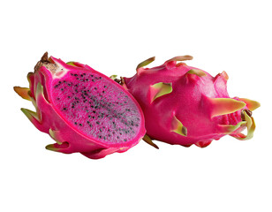 - a pink dragon fruit, cut in half and displayed on the right side of an isolated white background 