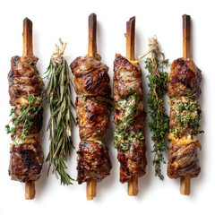Gegrillte Fleischspieße auf Holzspießen, isoliert auf weißem Hintergrund