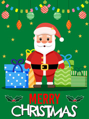 Santa Claus Merry Christmas card or festive poster design with baubles, bunting and presents