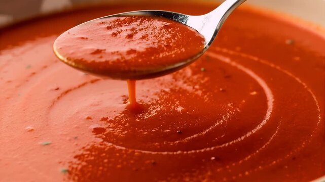 Chilled gazpacho soup fresh tomato puree smooth texture silver spoon rustic bowl vibrant red herb garnish summer cuisine with comfort creamy tomato